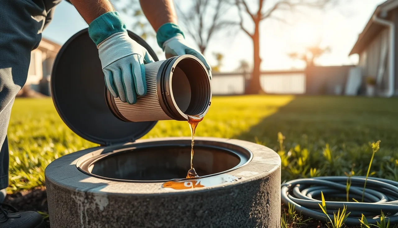 Plumber removing a cylindrical effluent filter from an open septic tank