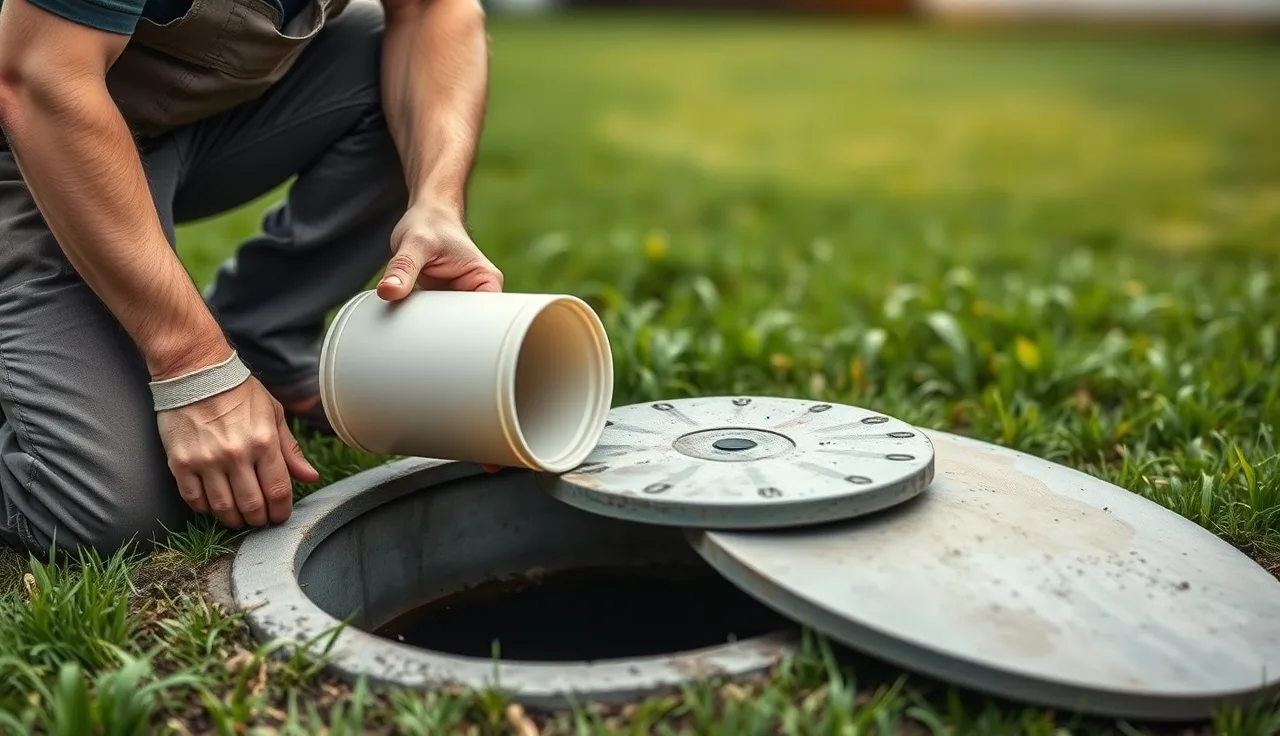 Contractor holding effluent filter over open septic tank access port in backyard