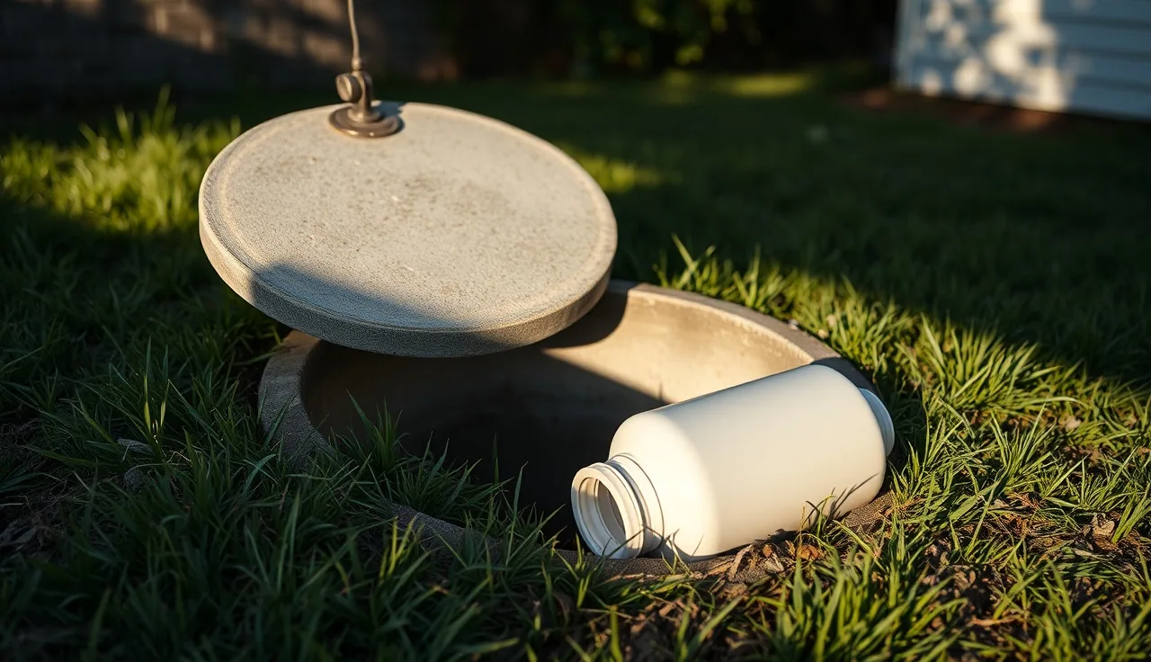 Open concrete septic tank lid with effluent filter cartridge beside it in backyard