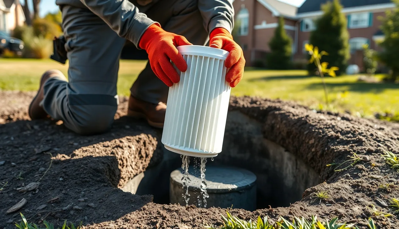 Technician holding a removed white effluent filter cartridge over an open septic tank riser