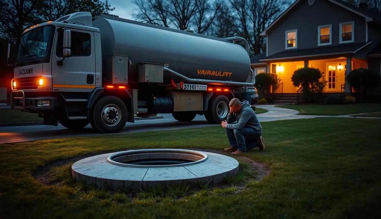 Septic pumping truck parked at a home during an emergency service call at dusk
