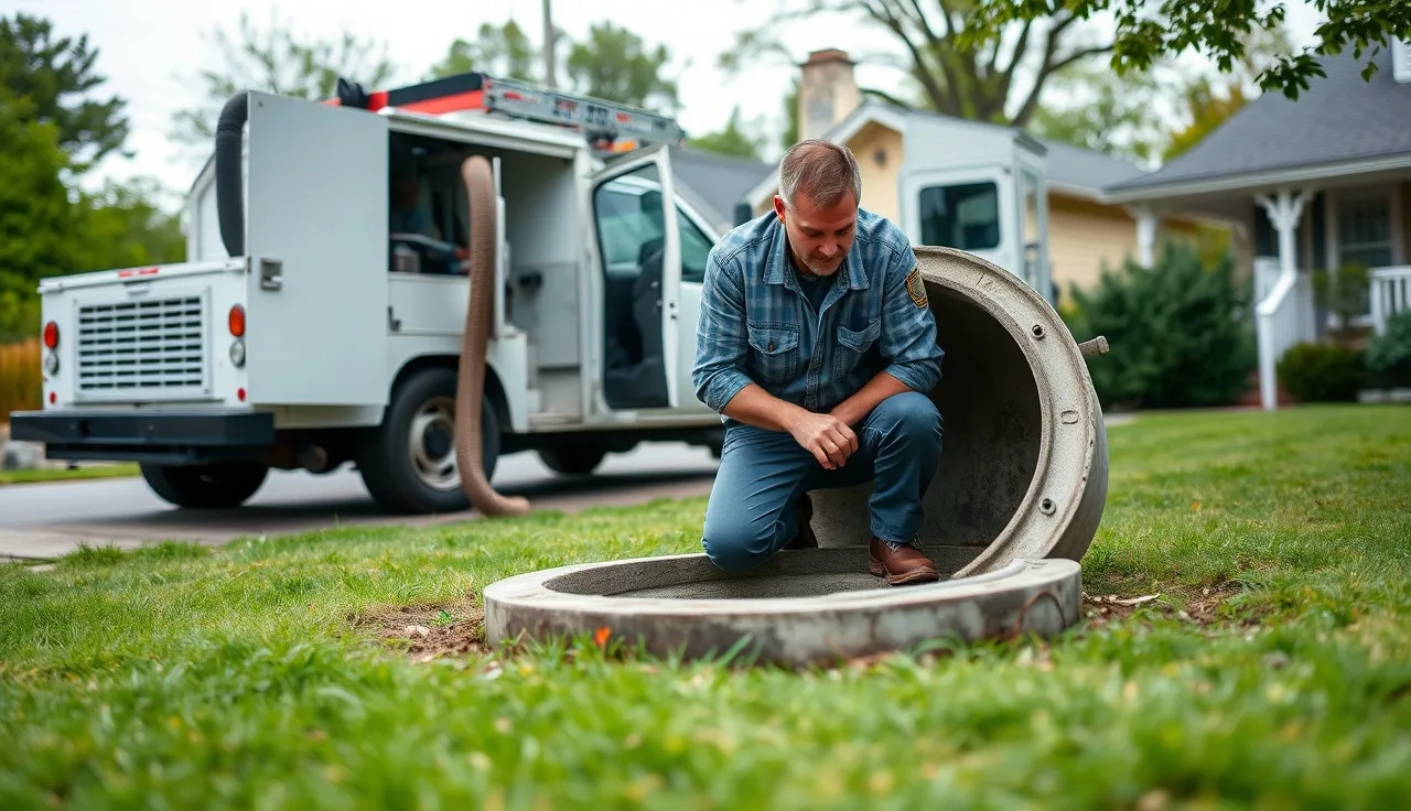 Septic technician inspecting open tank during emergency pump-out service