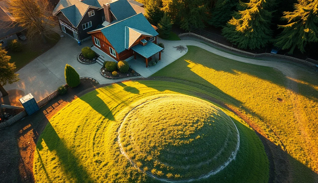 Aerial view of a rural home with a raised mound engineered septic system in backyard