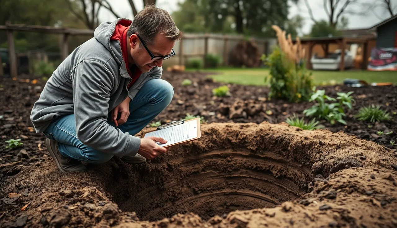 Soil scientist examining a perc test pit in a residential backyard