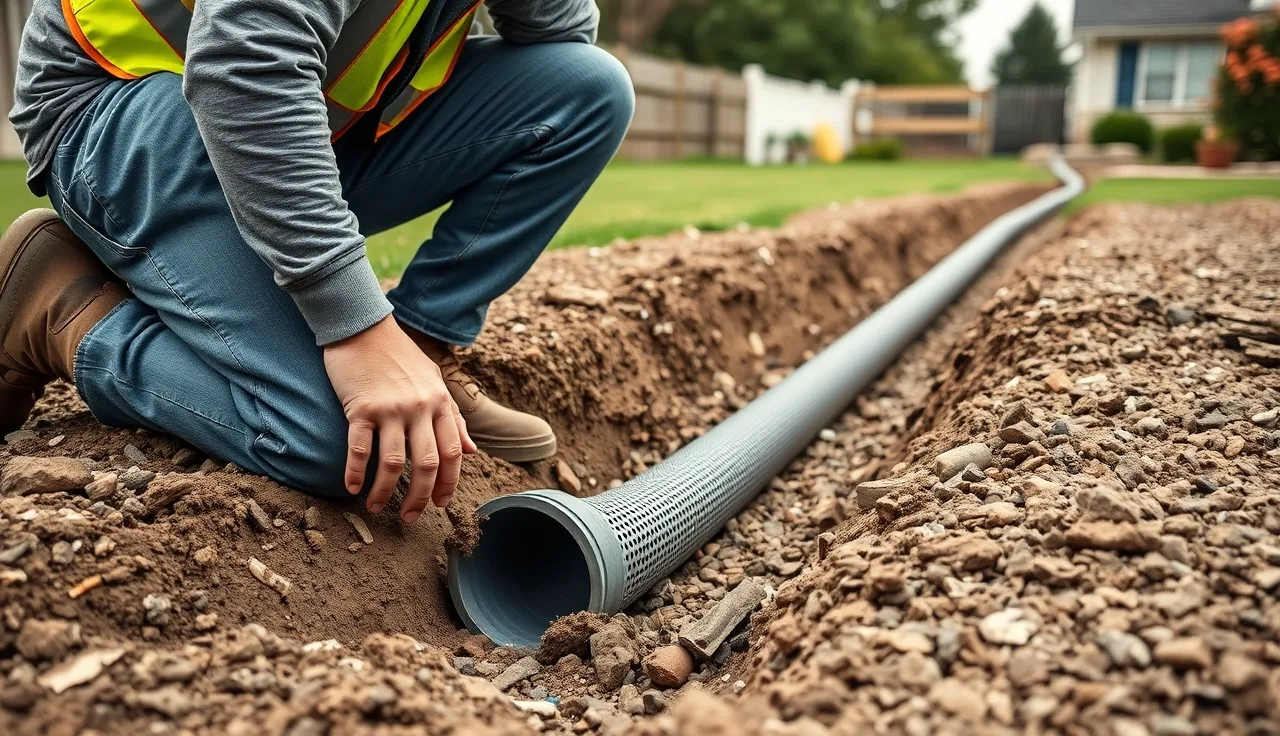 Septic contractor inspecting exposed drain field pipe in a backyard trench
