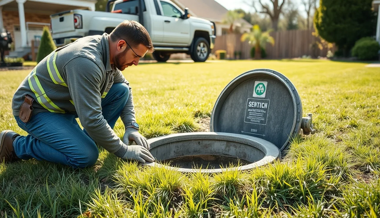Septic technician inspecting open tank access port during a residential septic repair