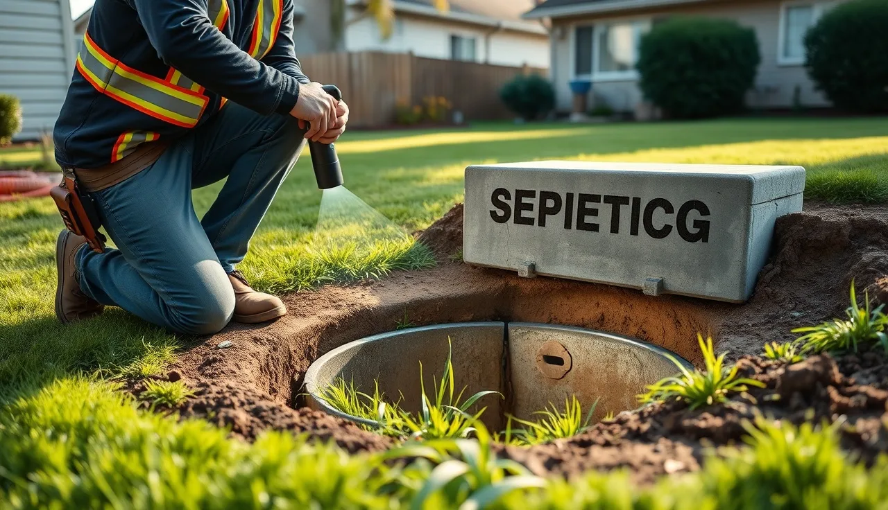 Septic contractor inspecting open tank access lid in a suburban backyard