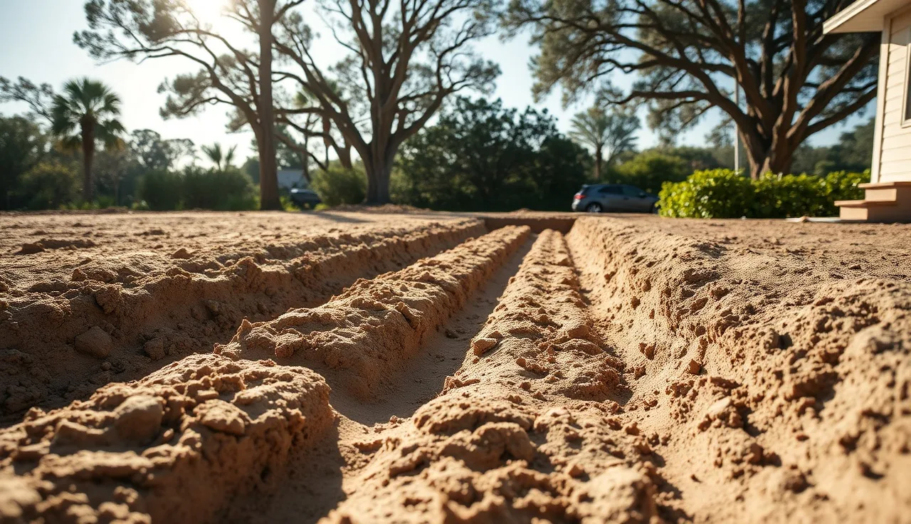 Open drain field trench in sandy Florida soil with perforated pipes installed
