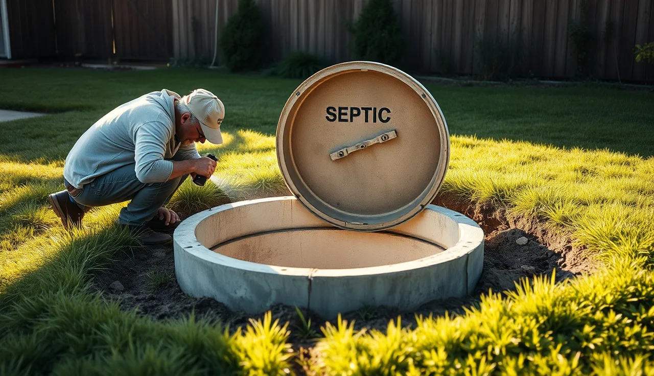 Homeowner inspecting open septic tank lid in backyard morning light