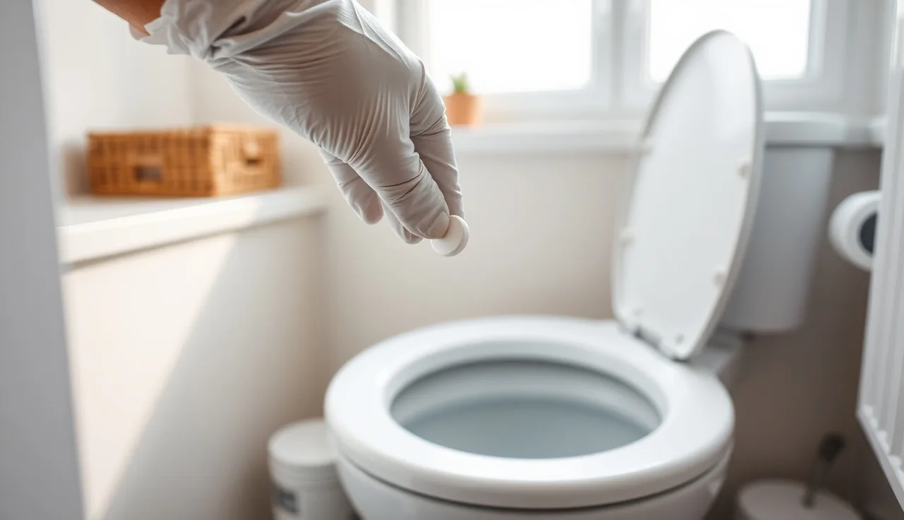 Gloved hand holding a dissolvable septic treatment tablet over a toilet bowl