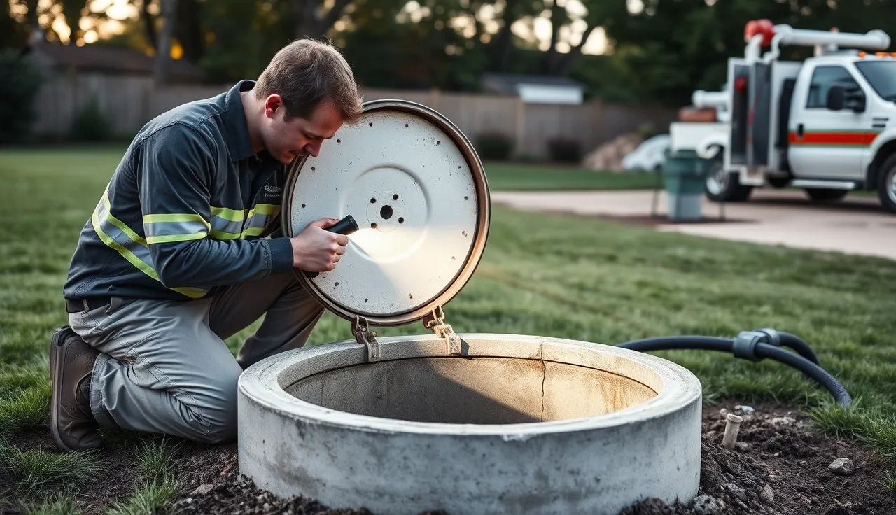 Septic inspector examining open tank lid during a Fort Wayne property inspection
