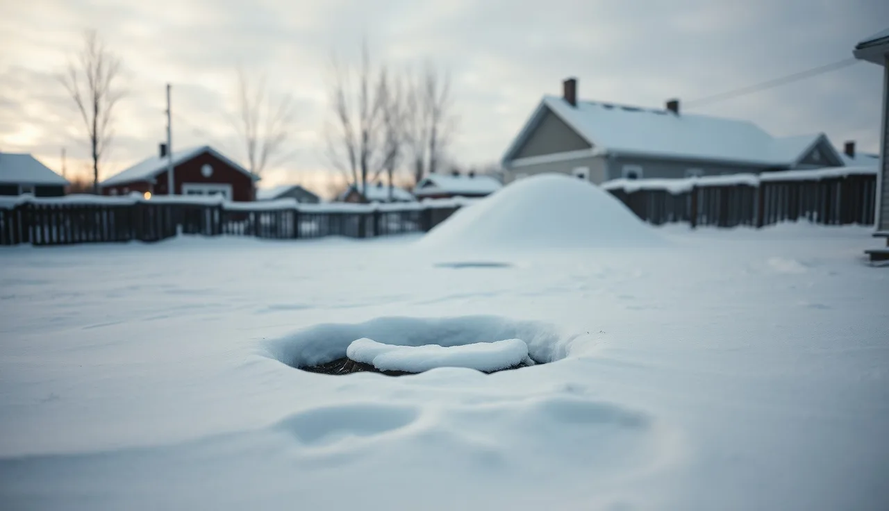Snow-covered backyard drain field with frost and a septic tank lid visible