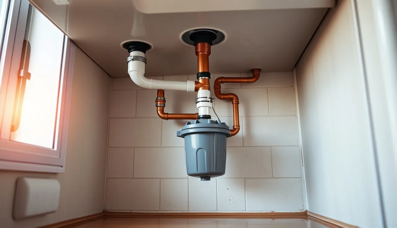 Under-sink garbage disposal unit connected to kitchen drain plumbing