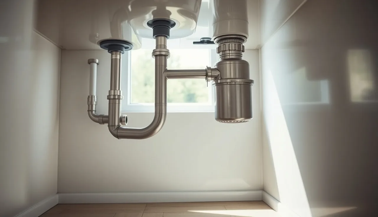 Under-sink garbage disposal unit connected to drain pipes in a kitchen