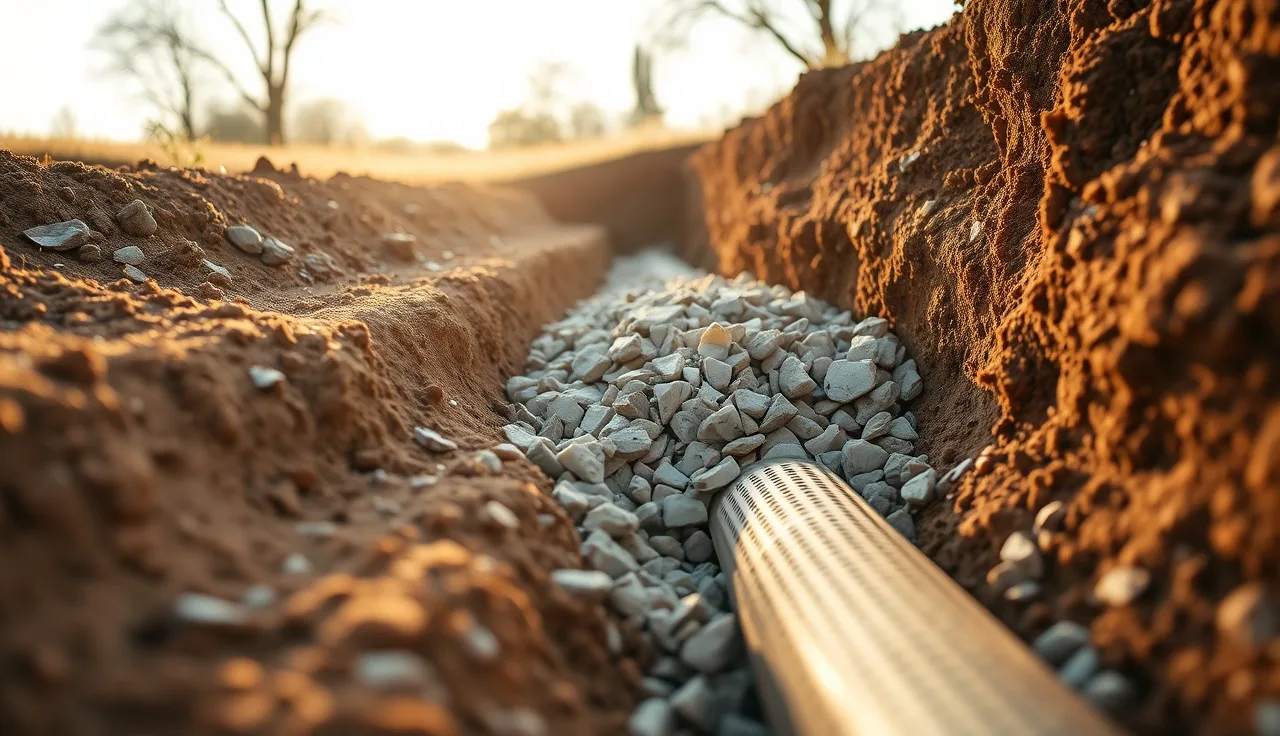 Crushed drain field gravel being placed into an open septic trench