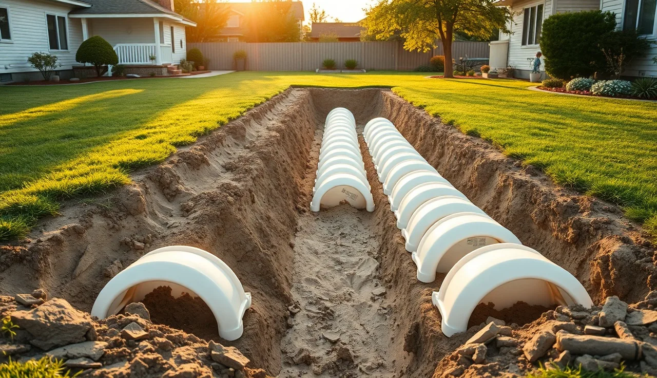 Plastic gravel-less leach field chambers installed in a freshly excavated backyard trench