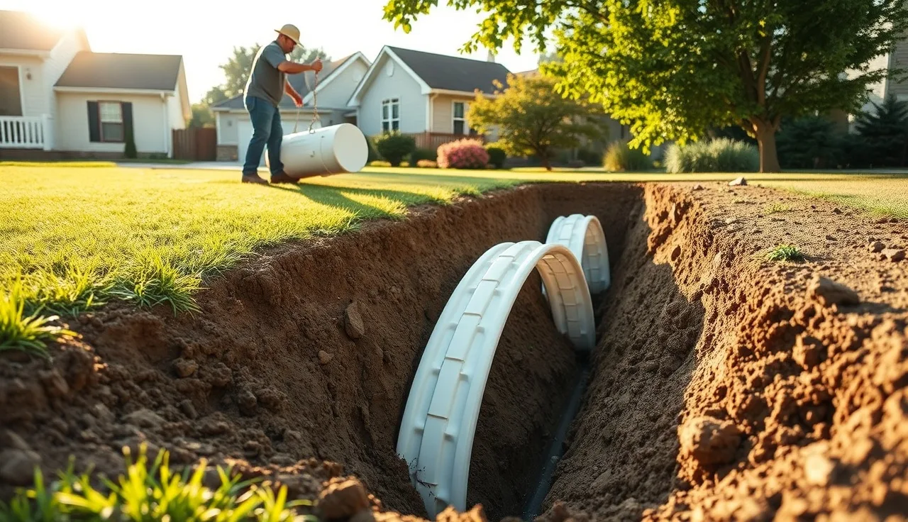 Workers installing white plastic chamber sections in a residential drain field trench