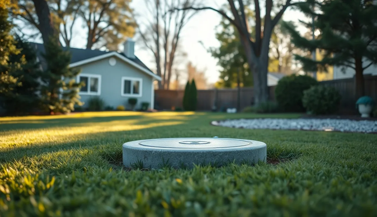 Concrete septic tank riser lid visible in a green residential backyard near drain field