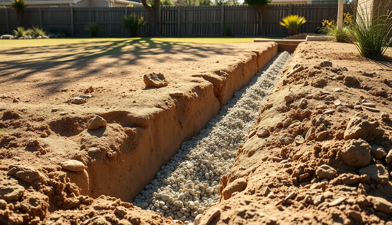Open gravel trench with perforated pipe for a gray water drain field in a backyard