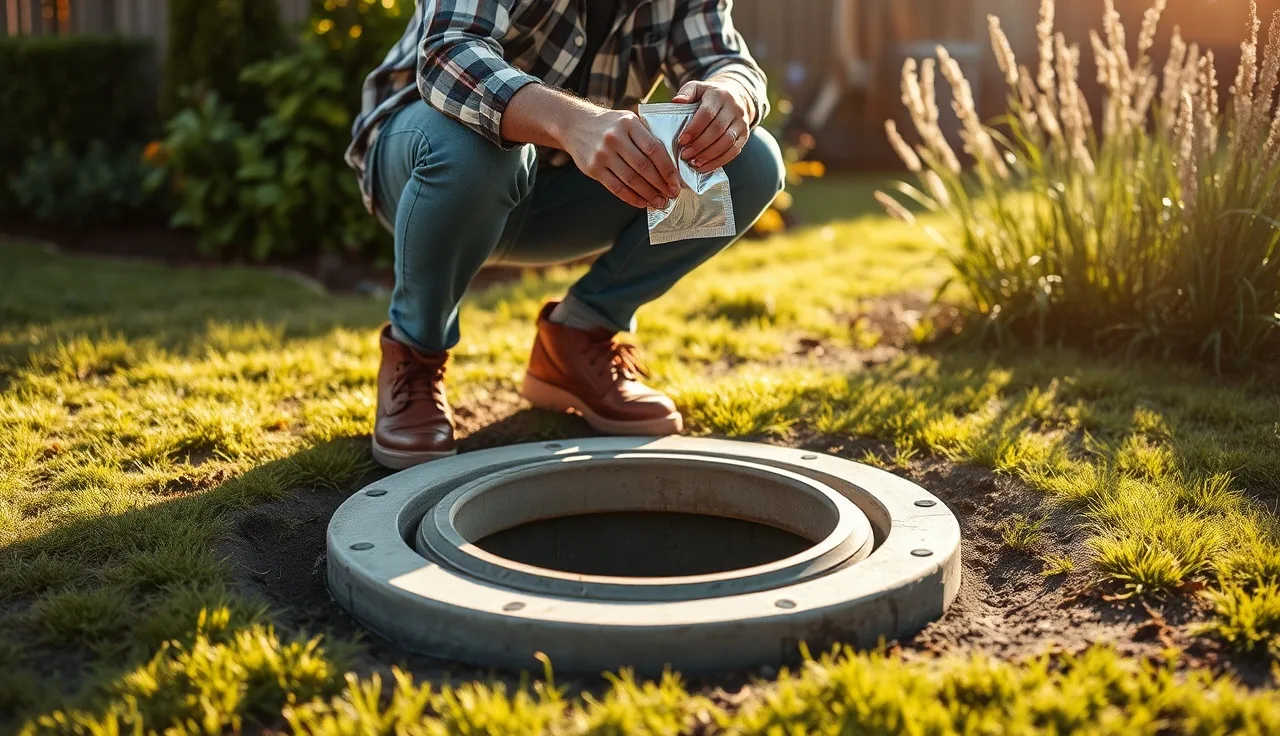Homeowner holding a septic treatment packet near an open septic tank lid outdoors