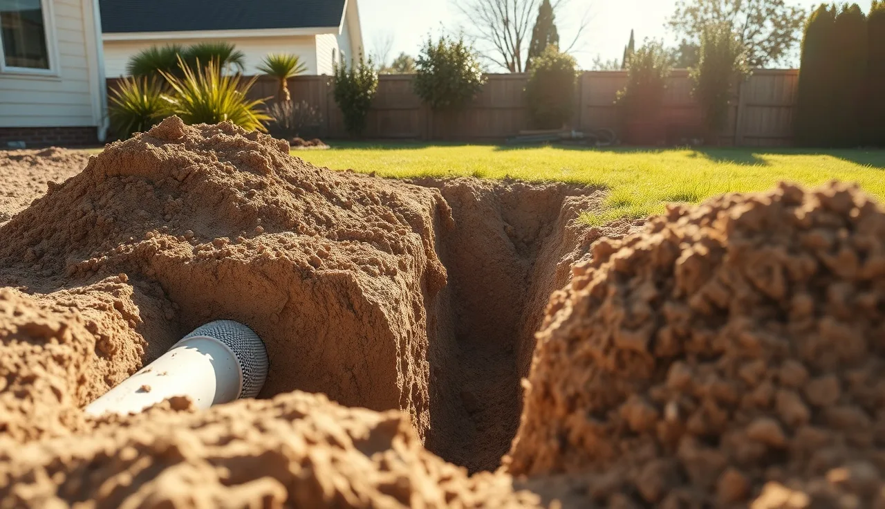Open shallow trench with perforated pipe for a grey water leach field installation in a residential backyard