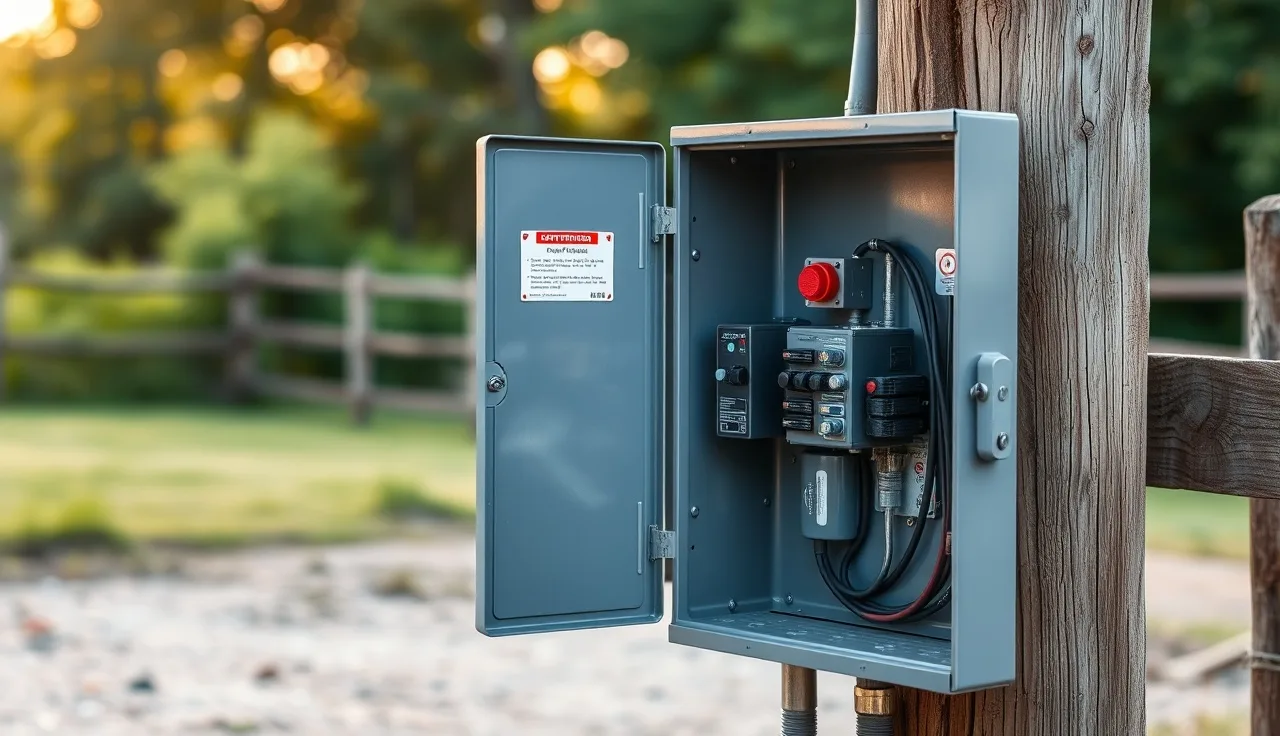 Open septic system control panel on a post showing alarm lights and circuit breakers
