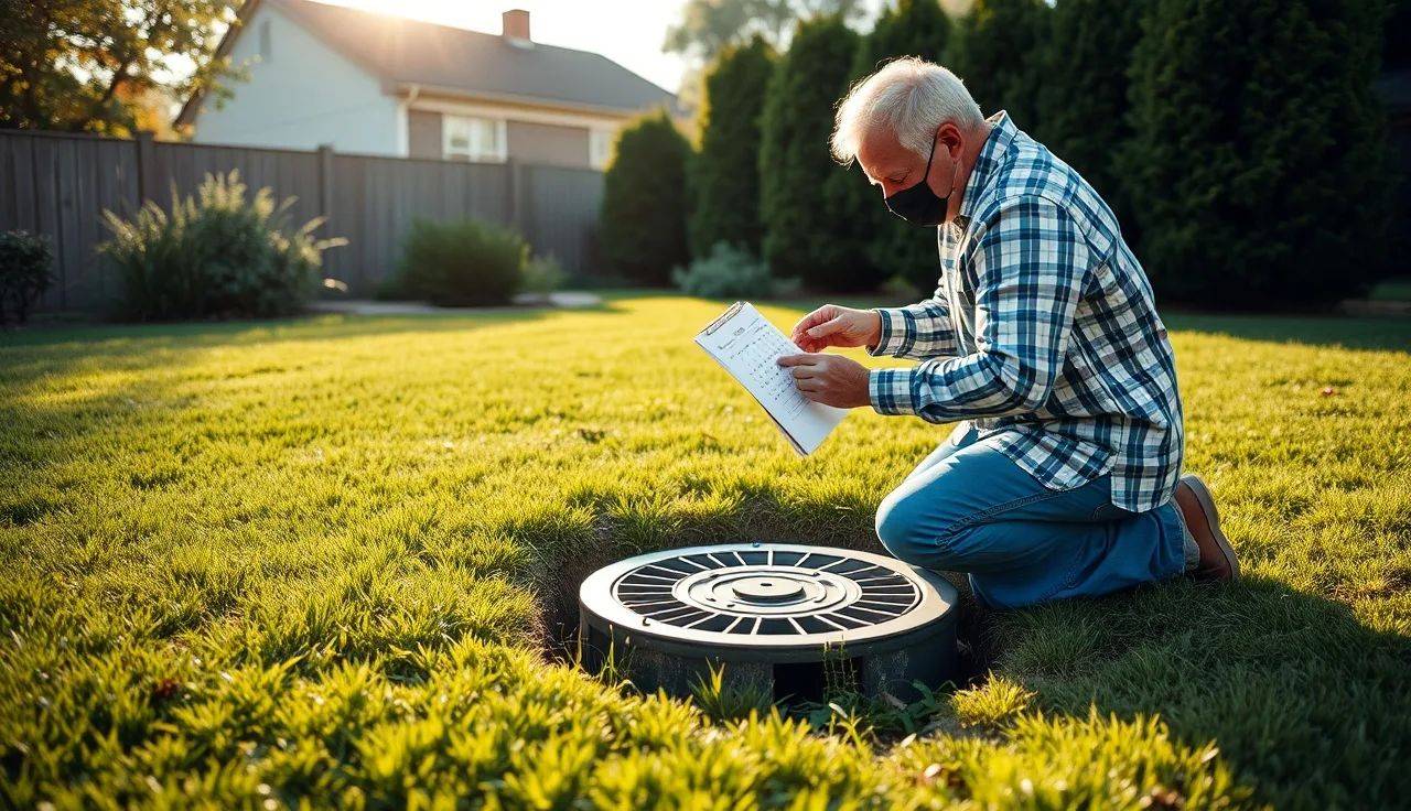 Homeowner inspecting septic tank access lid in a green backyard on a sunny morning