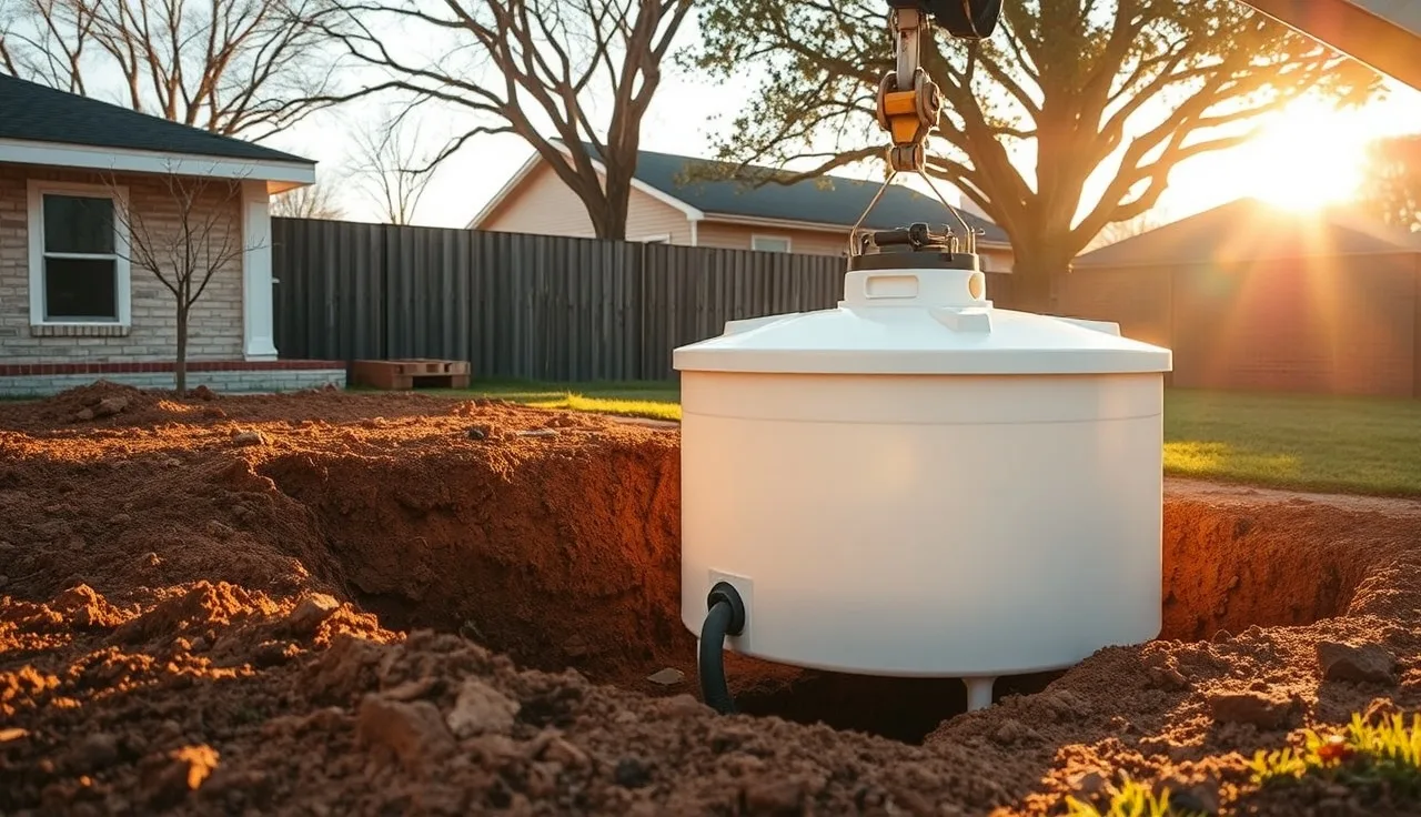 Aerobic septic system ATU tank being installed in a residential backyard trench