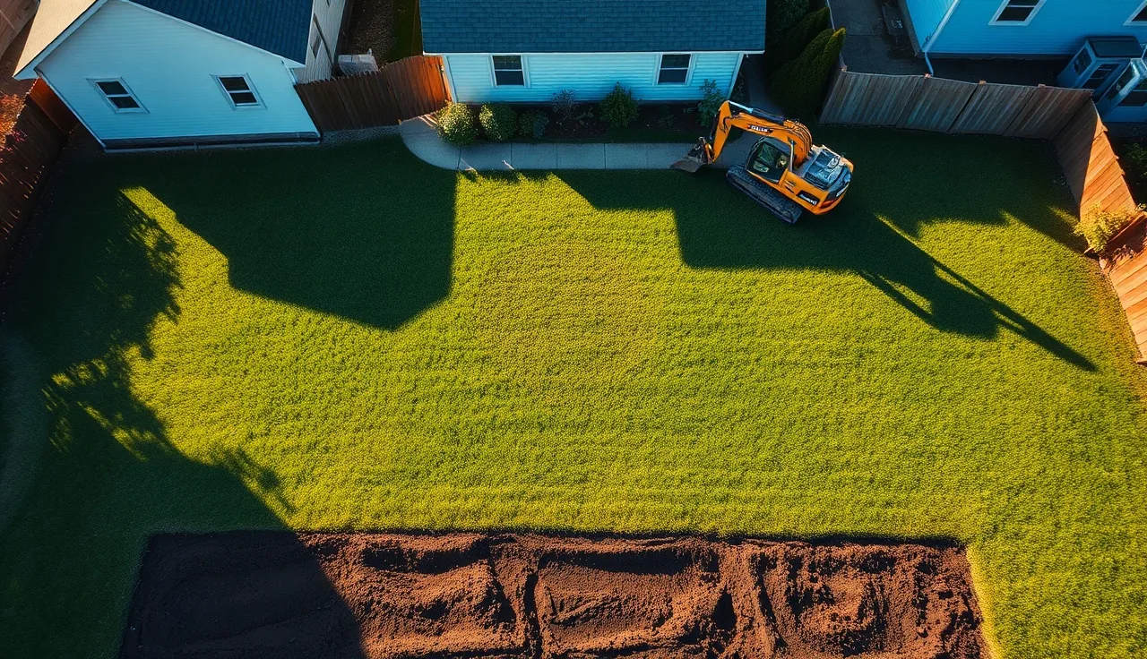 Aerial view of a residential backyard during leach field excavation installation