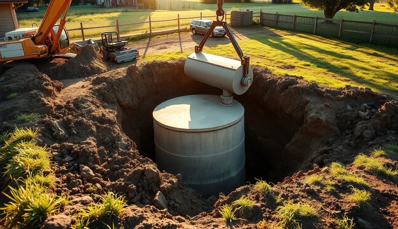 Concrete septic tank being lowered into excavation trench in a residential backyard