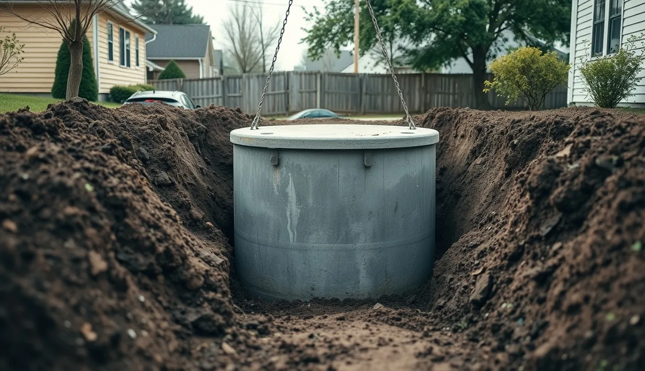 Large concrete septic tank being installed in a residential backyard excavation