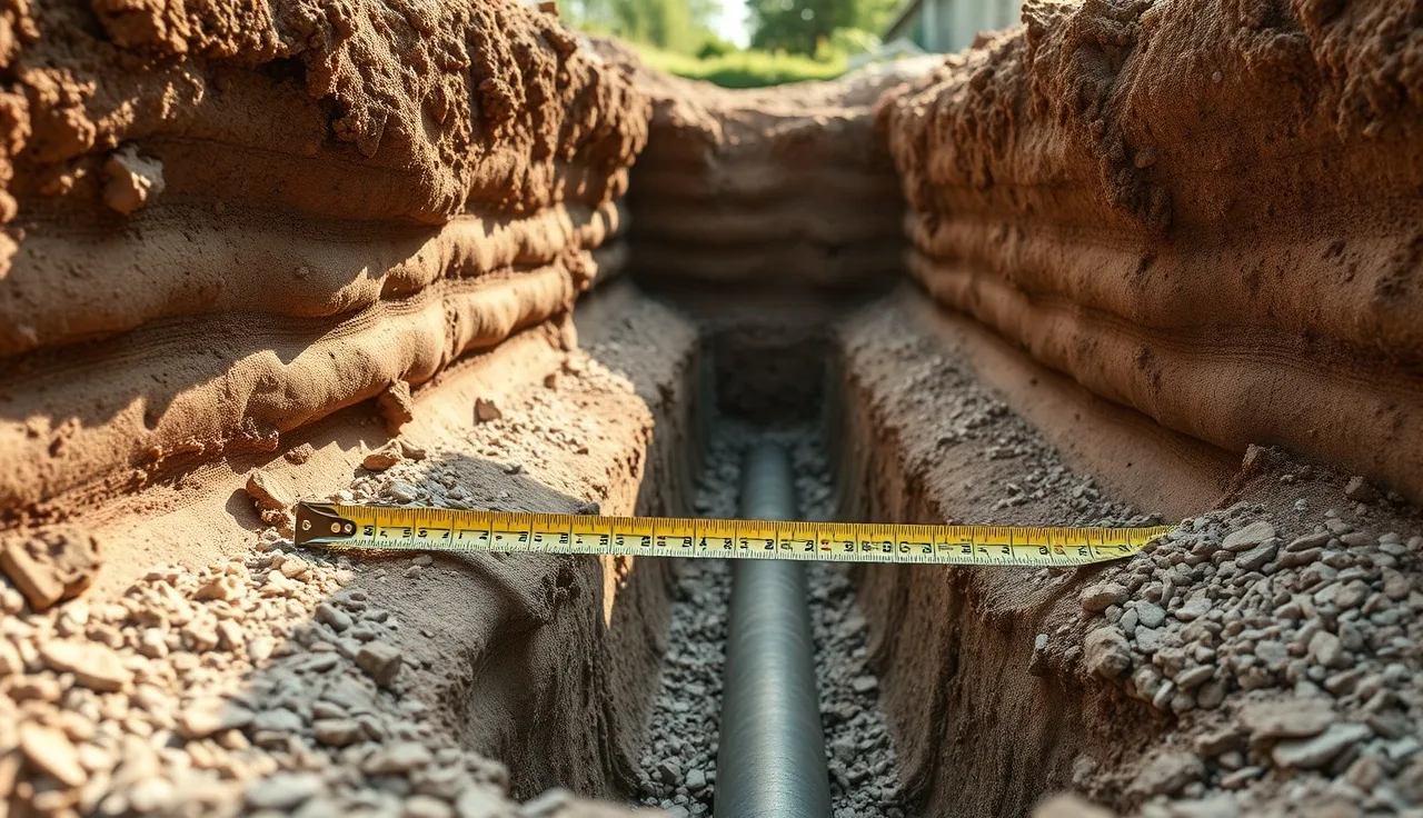 Open leach field trench showing gravel bed depth and perforated pipe below grade