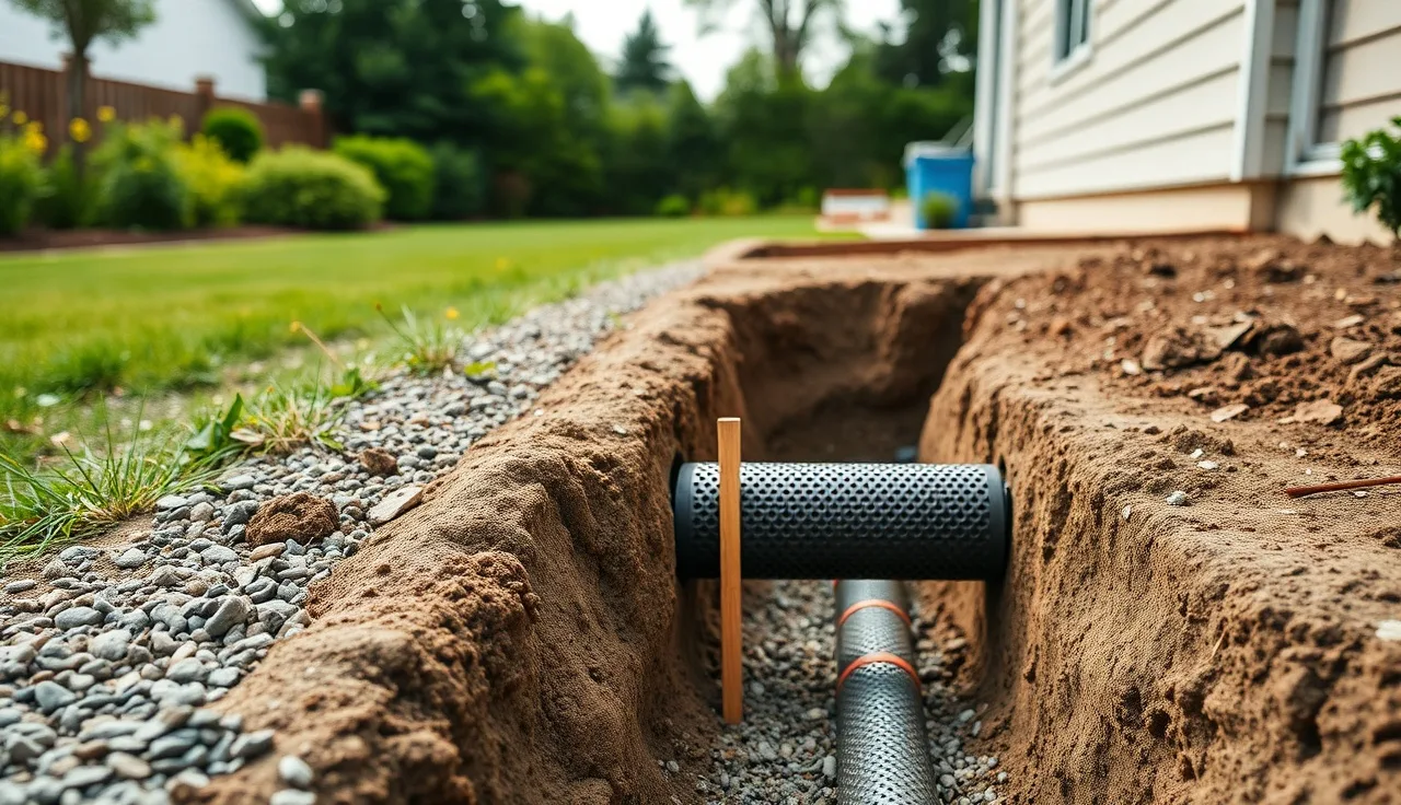 Open leach field trench with perforated pipe on gravel bed in a residential backyard