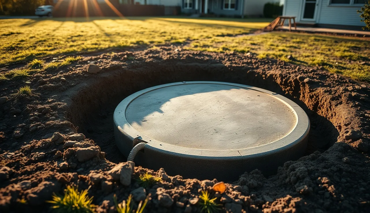 Exposed concrete septic tank lid in a freshly excavated backyard pit