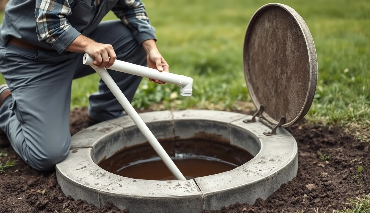 Plumber checking septic tank sludge depth with a white probe in a backyard