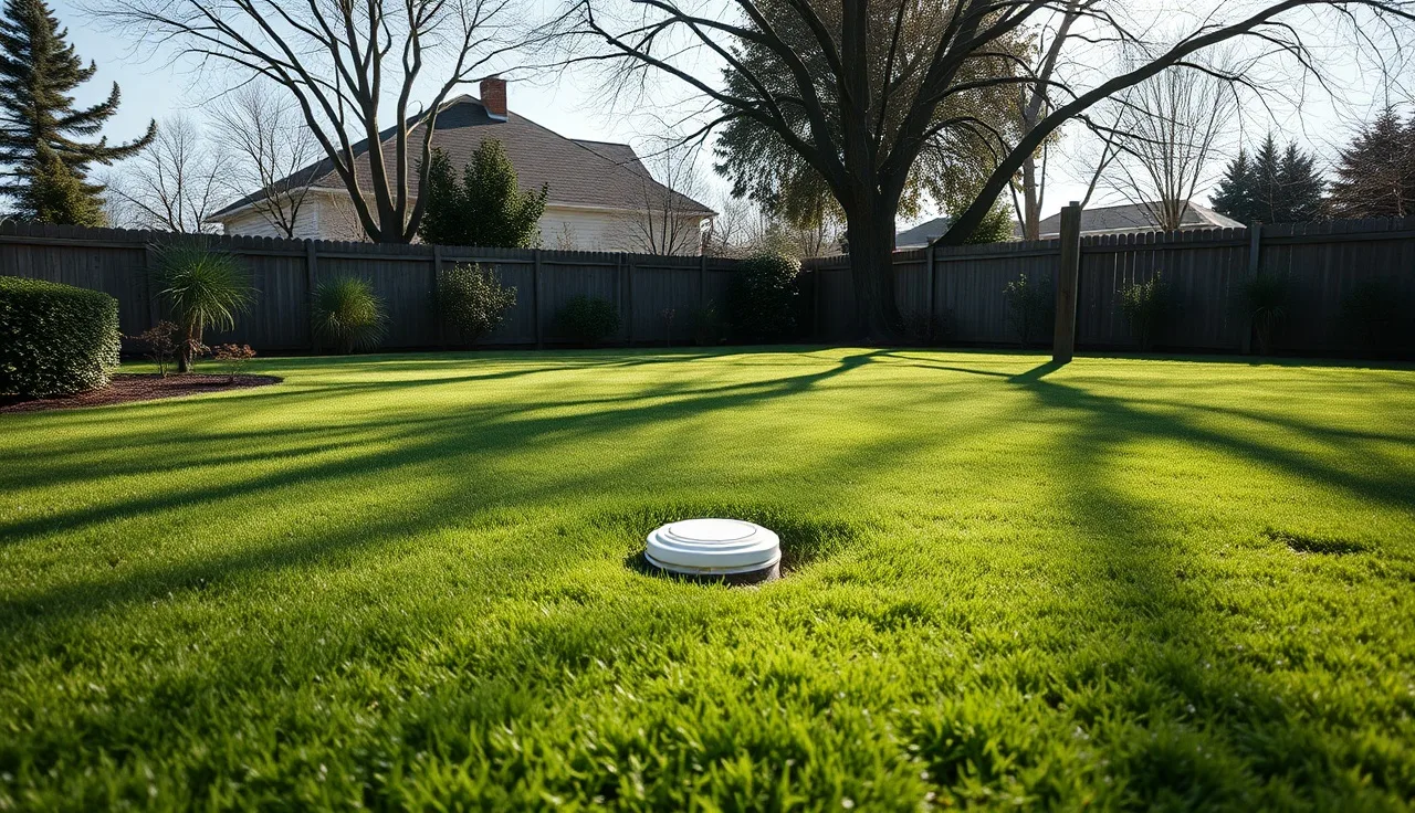 Residential backyard with grass over a septic drain field and inspection port