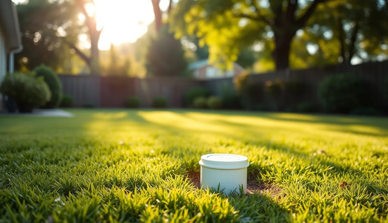 Green backyard lawn over a buried leach field with a cleanout pipe visible