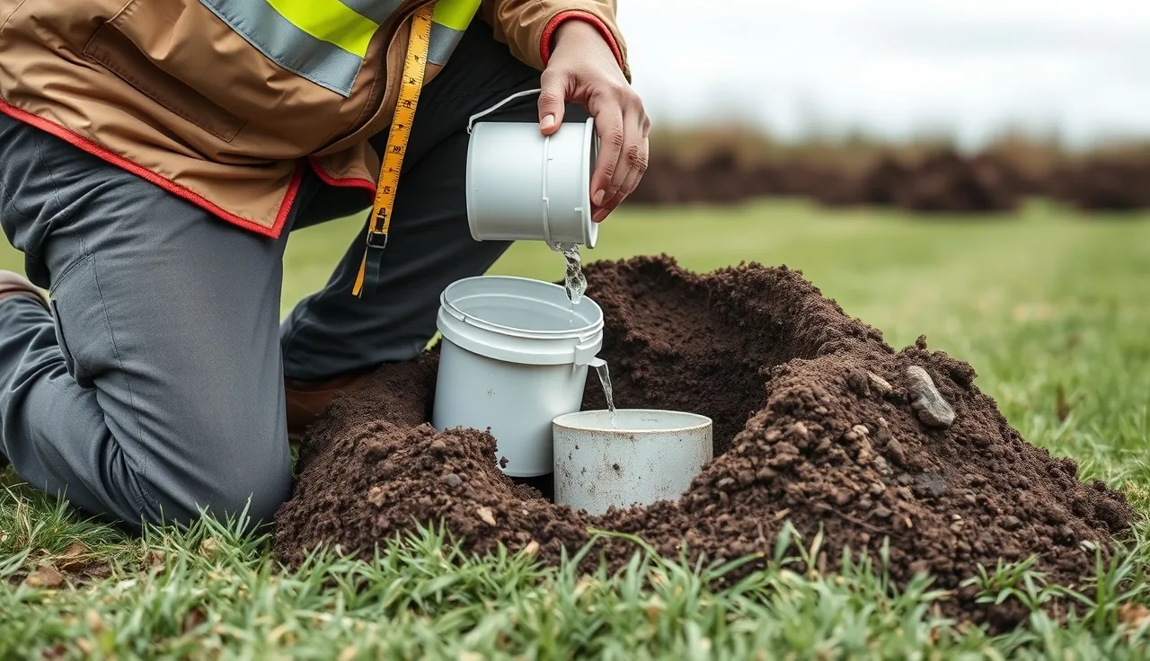 Technician pouring water into a percolation test hole in a grassy yard