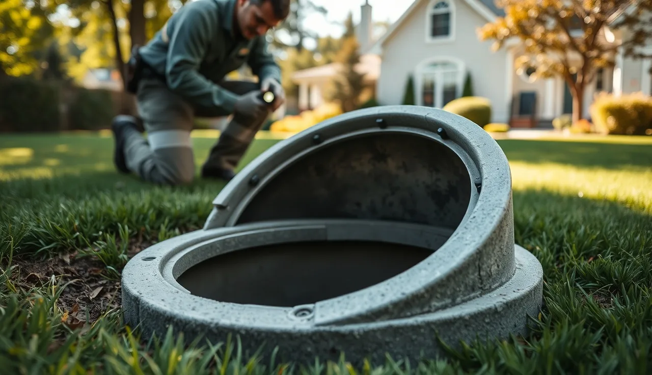 Technician inspecting open septic tank access port in a residential backyard