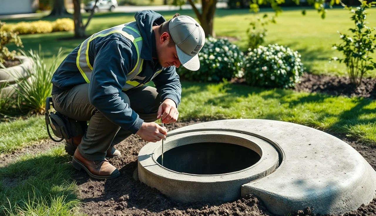 Technician measuring depth of an open septic tank lid in a backyard