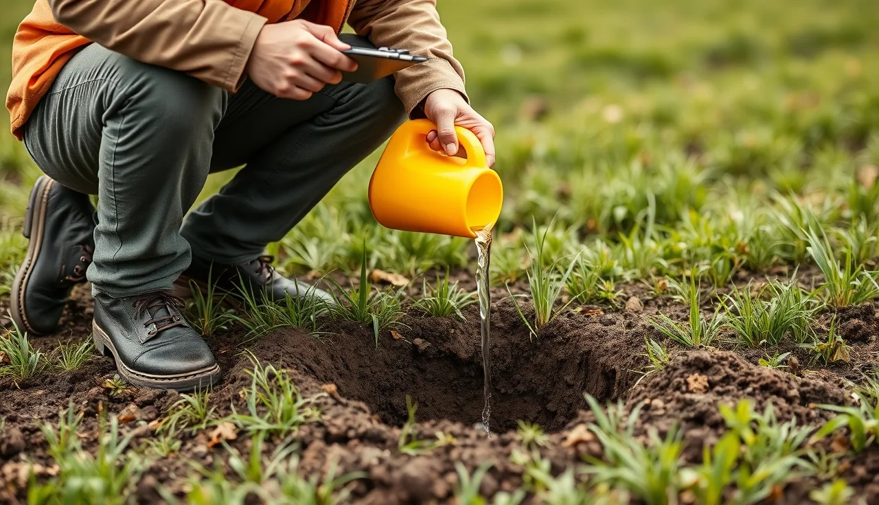 Soil evaluator pouring water into a perc test hole in a rural field