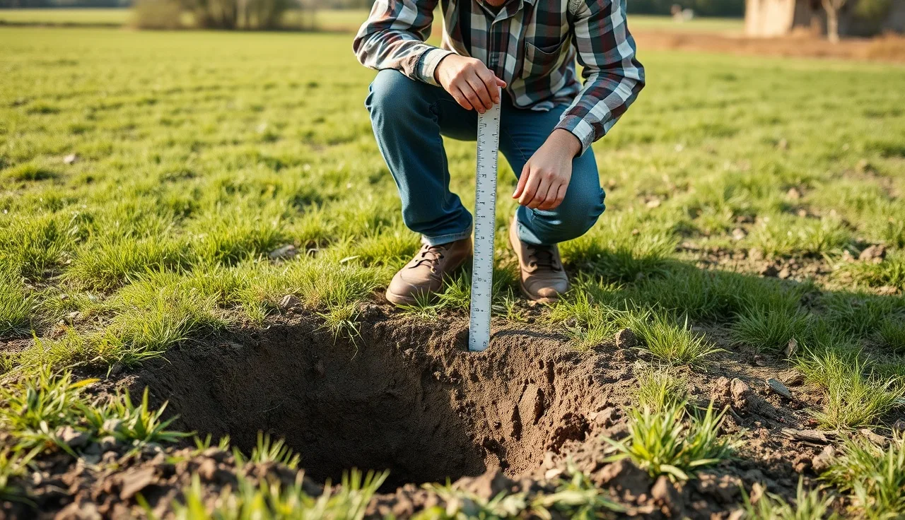 Soil evaluator measuring water drop in a perc test hole in a rural yard