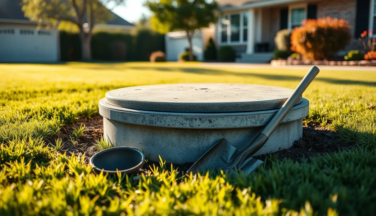 Concrete septic tank access lid partially uncovered in a residential backyard