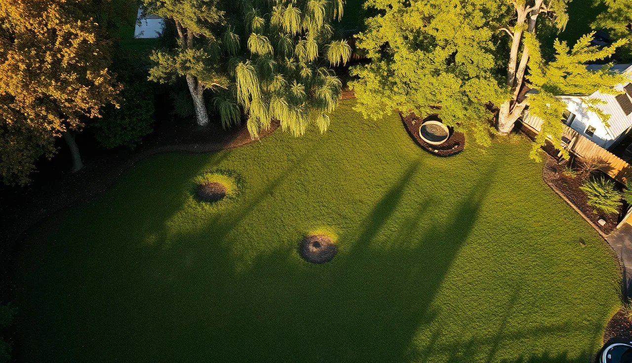 Grassy residential leach field in backyard under late afternoon sunlight
