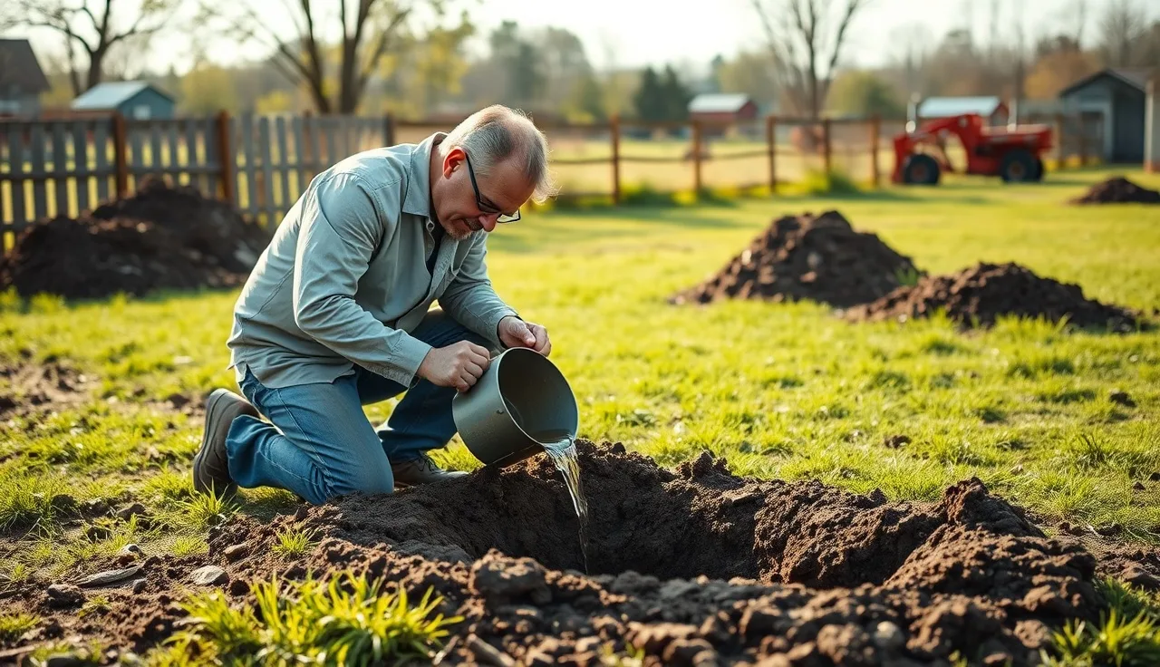 Soil evaluator pouring water into a percolation test hole during a residential perc test