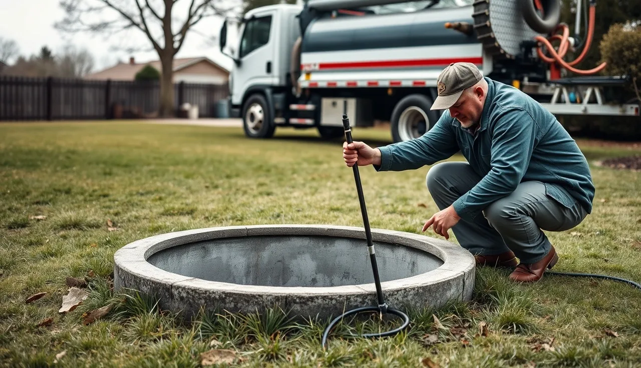 Septic inspector examining open tank lid during residential septic inspection
