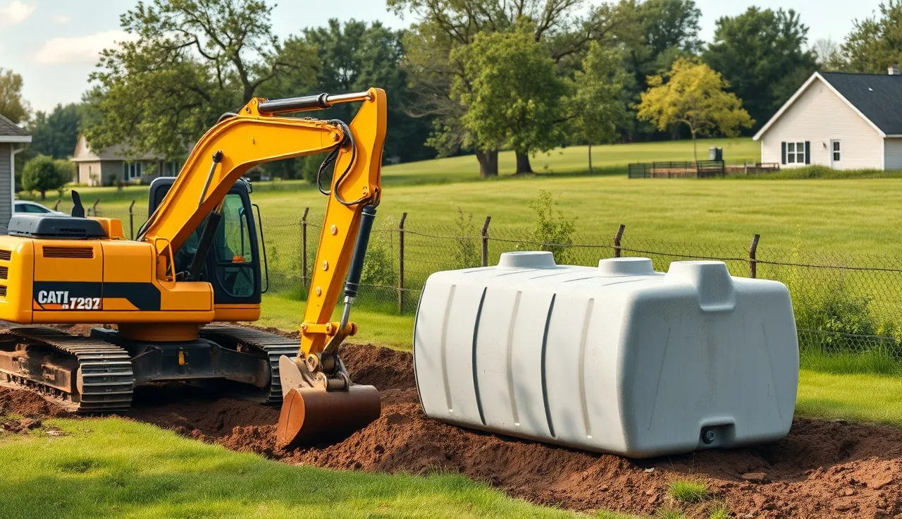 Excavator digging a septic system trench beside a concrete tank in a backyard