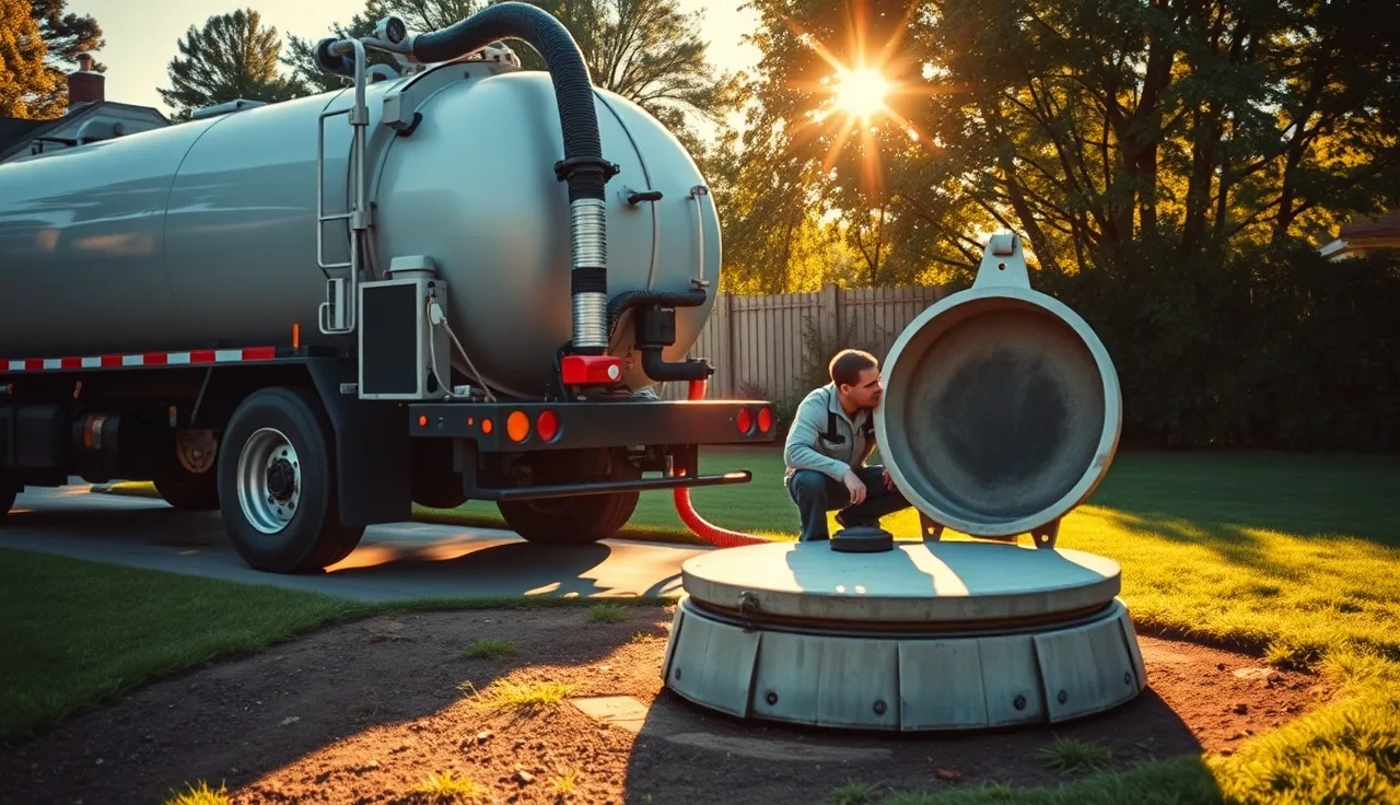 Septic vacuum truck parked while technician opens tank lid in backyard