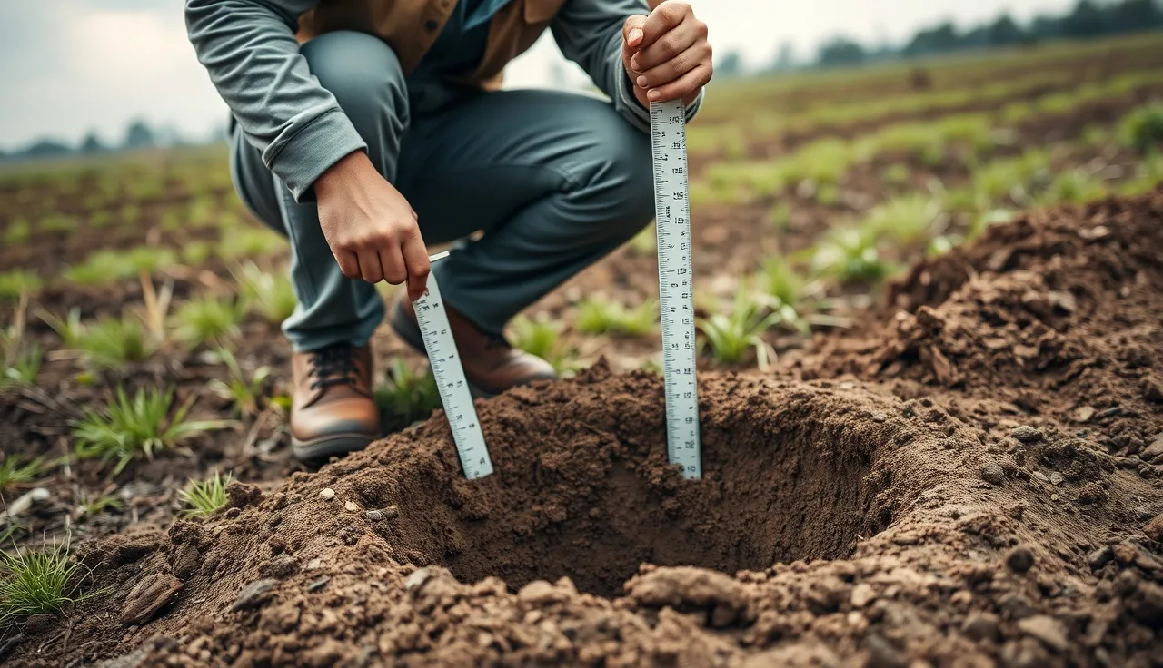 Soil scientist measuring water level in a perc test hole in a rural field