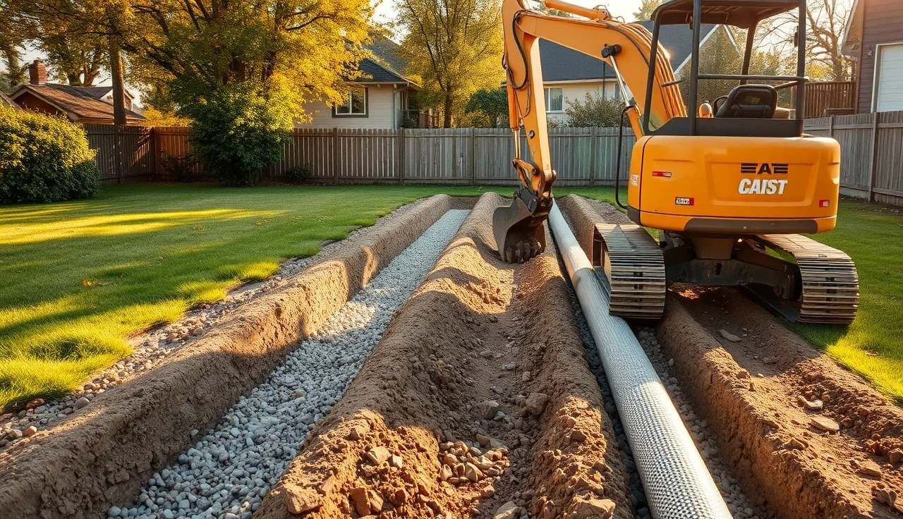 Excavator digging leach field trenches in a residential backyard with gravel and pipe staged nearby